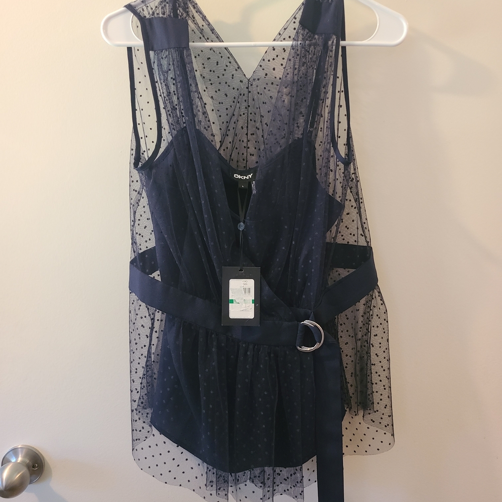 DKNY Navy Sheer Polka Dot Tunic Top